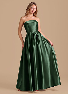 Azazie Lucienne At-home Try On Dresses Dark Green A-Line Pleated Metallic Satin Dress image3