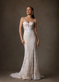 Azazie Issa Wedding Dresses Diamond White Champagne Sheath Strapless Lace Dress image7