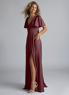 Azazie Kimber Bridesmaid Dresses Sangria A-Line Ruched Stretch Satin Dress image6