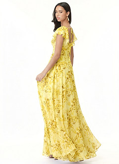 Azazie Bondi Vestidos de madrinha de casamento Vestido Sorvete De Limão Floresce Floral de Chiffon de Linha A com Franzido image5