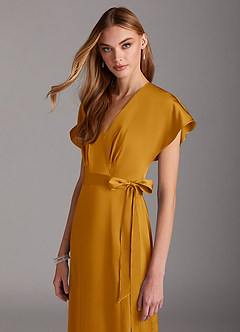 Azazie Nico Bridesmaid Dresses Butterscotch A-Line V-Neck Stretch Satin Dress image6