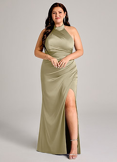 Azazie Jemma Bridesmaid Dresses Moss Green Sheath Pleated Stretch Satin Dress image7