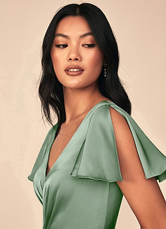 Azazie Soren Bridesmaid Dresses Matcha A-Line Pleated Stretch Satin Dress image6