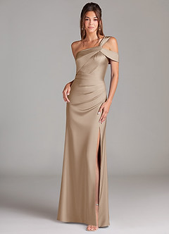 Azazie Wynter Bridesmaid Dresses Taupe Sheath Off the Shoulder Stretch Satin Dress image1