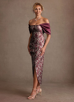 Azazie Sylvia Mother of the Bride Dresses Cabernet Column Pleated Jacquard Dress image2