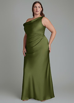 Azazie Emerson Jurken voor bruidsmeisjes Jurk van Stretch Satijn met Zeemeermin Off-shoulder Olijf image4