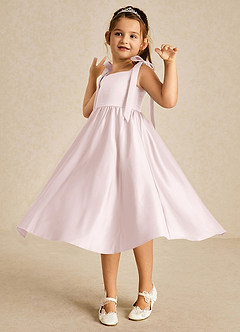 Azazie Chelsie Flower Girl Dresses Blushing Pink A-Line Bow Matte Satin Dress image3