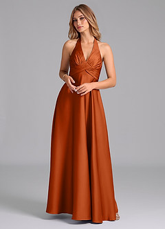 Azazie Tessie Bridesmaid Dresses Burnt Orange A-Line Pleated Stretch Satin Dress image1