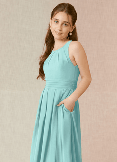 Azazie Bibiane Junior Aqua A-Line Pleated Chiffon Dress image7