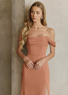 Azazie Saige Bridesmaid Dresses Bronzer Sheath Off the Shoulder Stretch Satin Dress image2