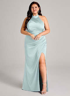 Azazie Jemma Robes de demoiselle d'honneur Robe Fourreau en Satin extensible Plissée Brume image7