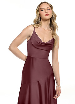 Azazie Kayla Bridesmaid Dresses Sangria Sheath Side Slit Stretch Satin Dress image4