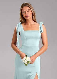 Azazie Frostine Bridesmaid Dresses Mist A-Line Bow Stretch Satin Dress image4