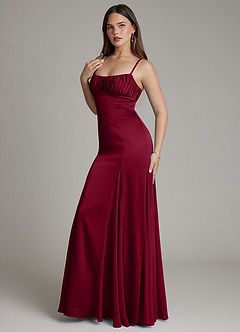 Azazie Avira At-home Try On Dresses Burgundy Mermaid Stretch Satin Dress image6