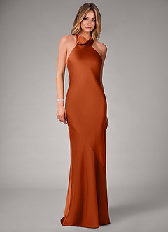 Azazie Velli Vestidos de damas de honor Vestido de Naranja Quemada de Satén Elástico de Corte Sirena image4