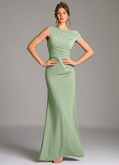 Azazie Nazanin Robes de demoiselle d'honneur Robe Sirène en Jersey extensible de qualité supérieure Épaule décolletée Vert Sauge image1
