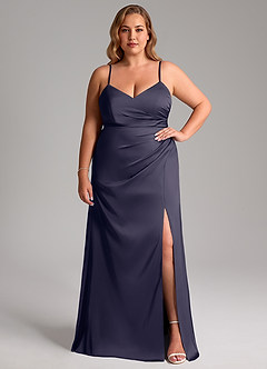 Azazie Azuree Jurken voor bruidsmeisjes Jurk van Stretch Satijn met A-Lijn Geplooid Stormachtig image3