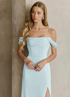 Azazie Saige Bridesmaid Dresses Mist Sheath Off the Shoulder Stretch Satin Dress image2