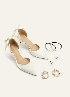 front Satin Pearl and Bow Pumps