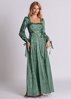 Azazie Leonia 신부 들러리 드레스 A라인 긴팔 자카드 바닥 길이 드레스 image3