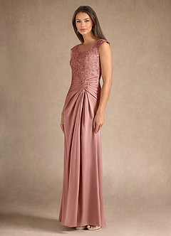 Azazie Santa Barbara Mother of the Bride Dresses Rosette Sheath Pleated Stretch Satin Dress image6