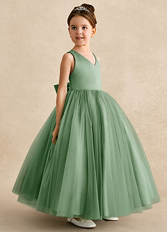 Azazie Peanut Robe Demoiselle D'honneur Fillette Robe Trapèze en Tulle Bretelle Matcha image2