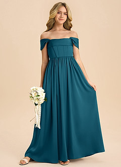 Azazie Hattie Junior Ink Blue A-Line Pleated Stretch Satin Dress image3