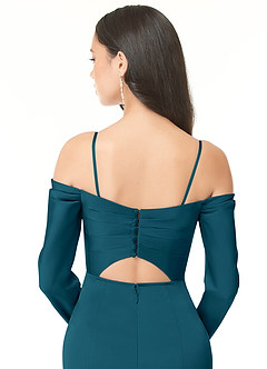 Azazie Hallie Vestidos de damas de honor Vestido de Azul Tinta de Satén Elástico de Corte Recto Convertible con Manga larga con hombros descubiertos image8