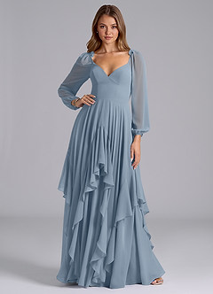 Azazie Karan At-home Try On Dresses Dusty Blue A-Line Long Sleeve Chiffon Dress image3