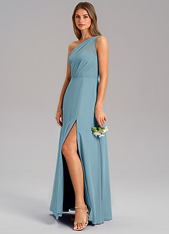 Azazie Phaedra Bridesmaid Dresses Moody Blue A-Line One Shoulder Chiffon Dress image5