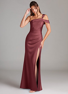 Azazie Wynter Bridesmaid Dresses Merlot Sheath Off the Shoulder Stretch Satin Dress image3