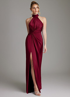 Azazie Gracelynn Bridesmaid Dresses Burgundy Sheath Pleated Stretch Satin Dress image1