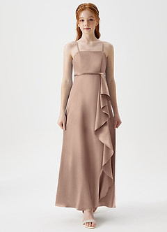 Azazie Kaylee Junior Taupe A-Line with Belt Metallic Satin Dress image4