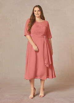 Azazie Naomi Mère de la mariée Robes Robe Trapèze en Mousseline de soie Col bateau plissé Rose Saumon image12