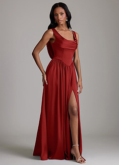 Azazie Novi Bridesmaid Dresses Pomegranate A-Line with Pockets Stretch Satin Dress image5