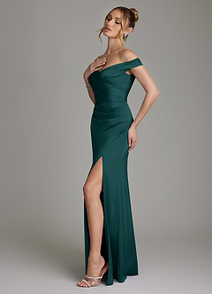 Azazie Teyana Abiti da Damigella Abito Tubino in Raso Elasticizzato a Spalla Scoperta Pino image6