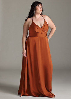 Azazie Davis Bridesmaid Dresses Cinnamon A-Line Pleated Stretch Satin Dress image9