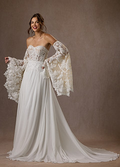 Azazie Rhya Vestidos de novia Vestido de Blanco Diamante Nude de Encaje de Corte en A con Vestidos sin tirantes image3
