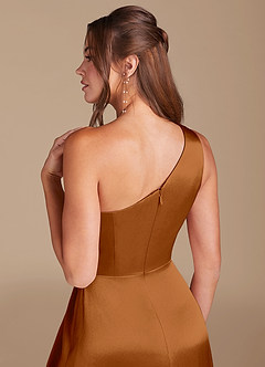 Azazie Brooke Bridesmaid Dresses Copper A-Line One Shoulder Metallic Satin Dress image6