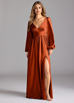 Azazie Norah Robes de demoiselle d'honneur Robe Trapèze en Satin extensible Paprika image1