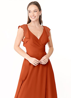 Azazie Yoko Vestidos de damas de honor Vestido de Naranja Quemada de Gasa de Corte en A con Volante image5