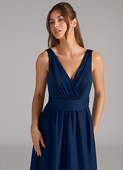 Azazie Kora Bridesmaid Dresses Dark Navy A-Line Pleated Stretch Satin Dress image7