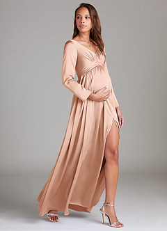 Azazie Teton Vente Finale Robe Trapèze Manche longue Longueur ras du sol Satin extensible image3