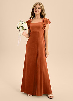 Azazie Bondi Junior Burnt Orange A-Line Bow Velvet Dress image4