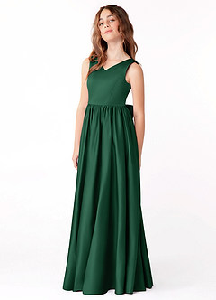 Azazie Hathaway Junior Dark Green A-Line Bow Stretch Satin Dress image4