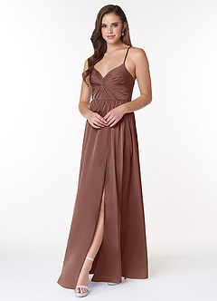 Azazie Raya Bridesmaid Dresses Espresso A-Line V-Neck Pleated Stretch Satin Dress image3