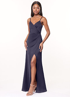 Azazie Maci Vestidos de damas de honor Vestido de Tormenta de Satén Elástico de Corte en A con Cuello en V plisado image3