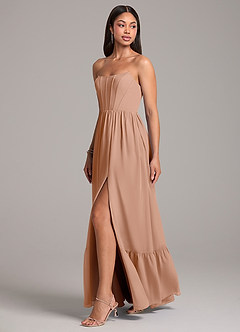 Azazie Kailee Vestidos de damas de honor Vestido de Champán Rosado de Gasa de Corte en A con Con bolsillos image3