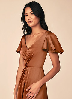 Azazie Soren Bridesmaid Dresses Copper A-Line Pleated Stretch Satin Dress image7