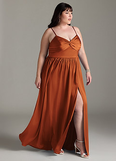 Azazie Zeya Bridesmaid Dresses Cinnamon A-Line Pleated Stretch Satin Dress image12